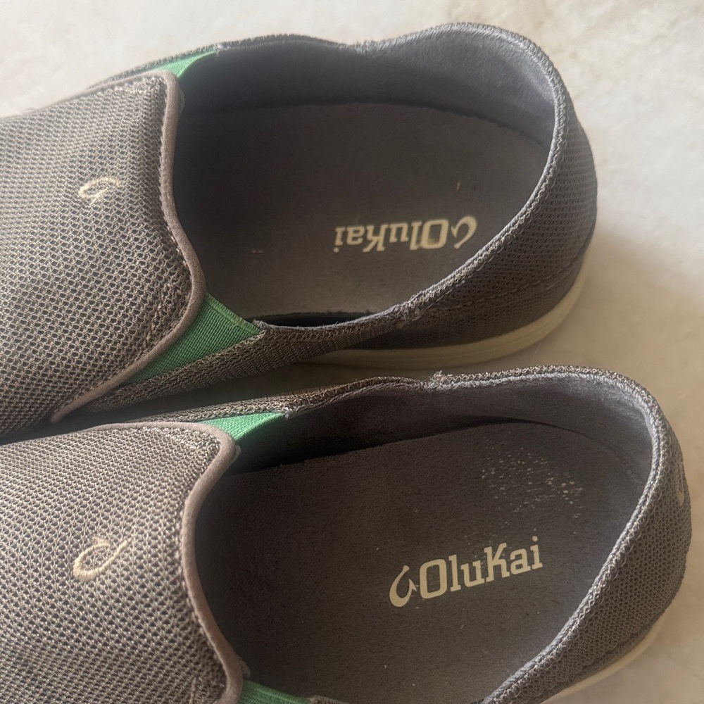 OluKai Men's Dark Brown Slip-On Loafers with Green Accent - Picture 2 of 4